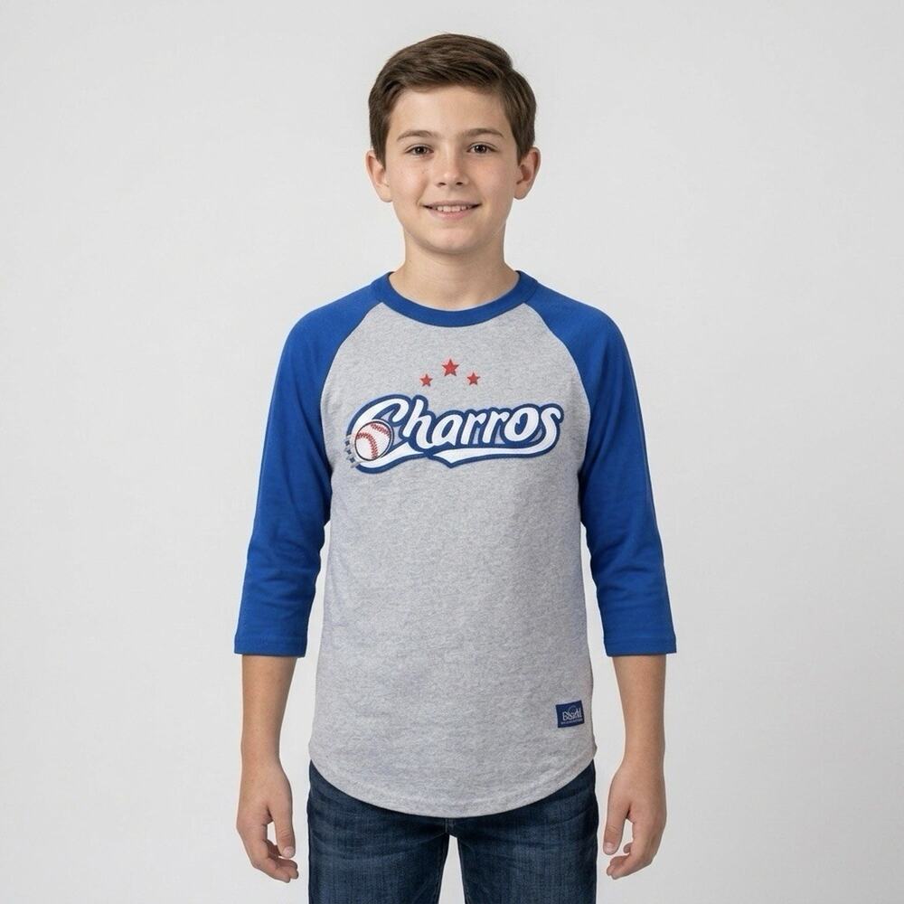 Charros de Jalisco LMP Baseball Raglan 3/4 Sleeve Shirt Heather Grey Blue Med